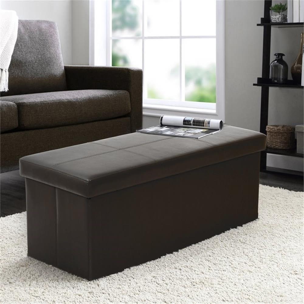 Dark Brown Tufted Faux Leather Foldable Storage Bench