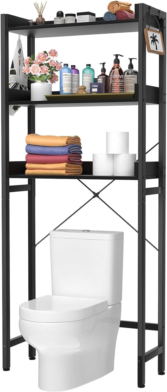 3-Tier Over The Toilet Storage, Space Saver Metal Bathroom Shelves, Freestanding above Over Toilet Storage Shelf with 4 Hooks for Bathroom, Black