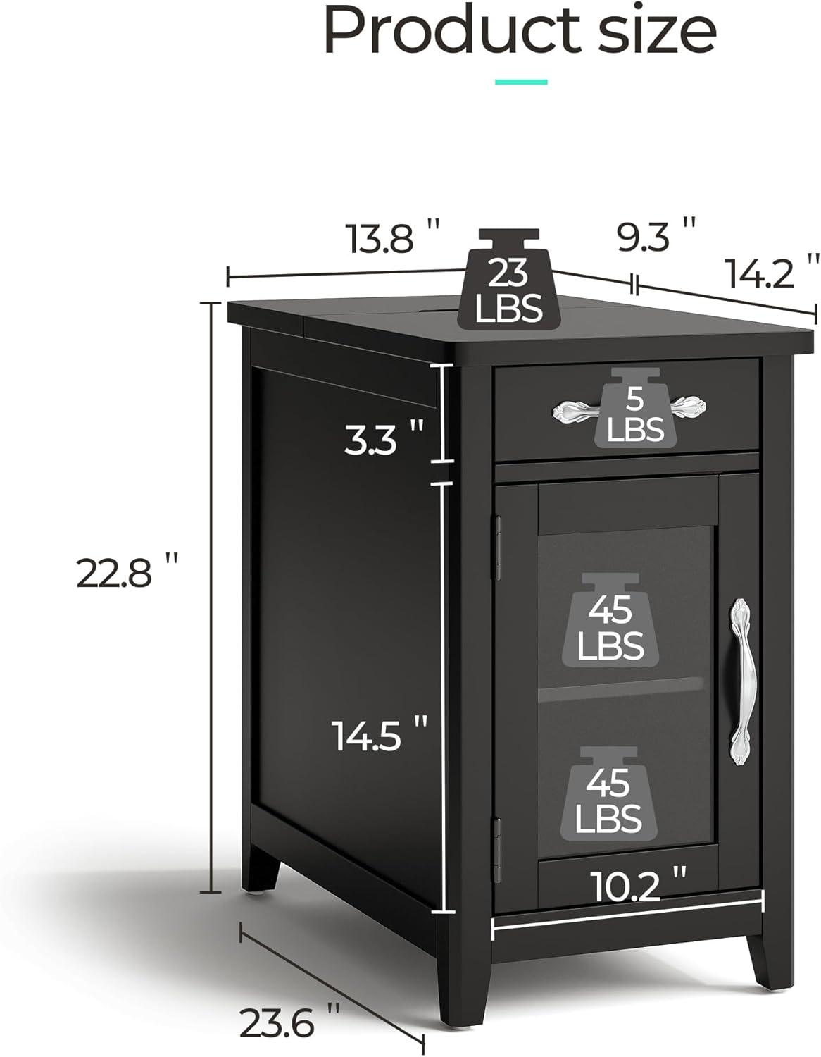 Black Wood End Table with Glass Door and Charging Station