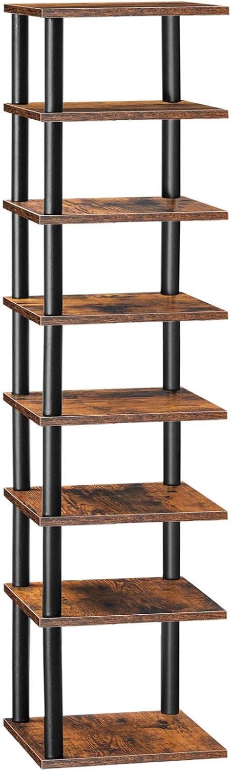 Rustic Brown 8-Tier Wooden Vertical Shoe Rack with Hooks