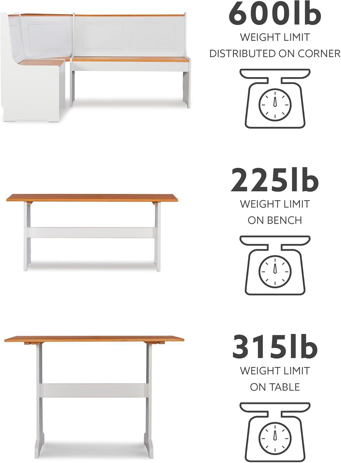 5pc Ardmore Breakfast Storage Corner Nook Dining Set Wood/White/Natural - Linon: Chic Farmhouse Style, Seats 6