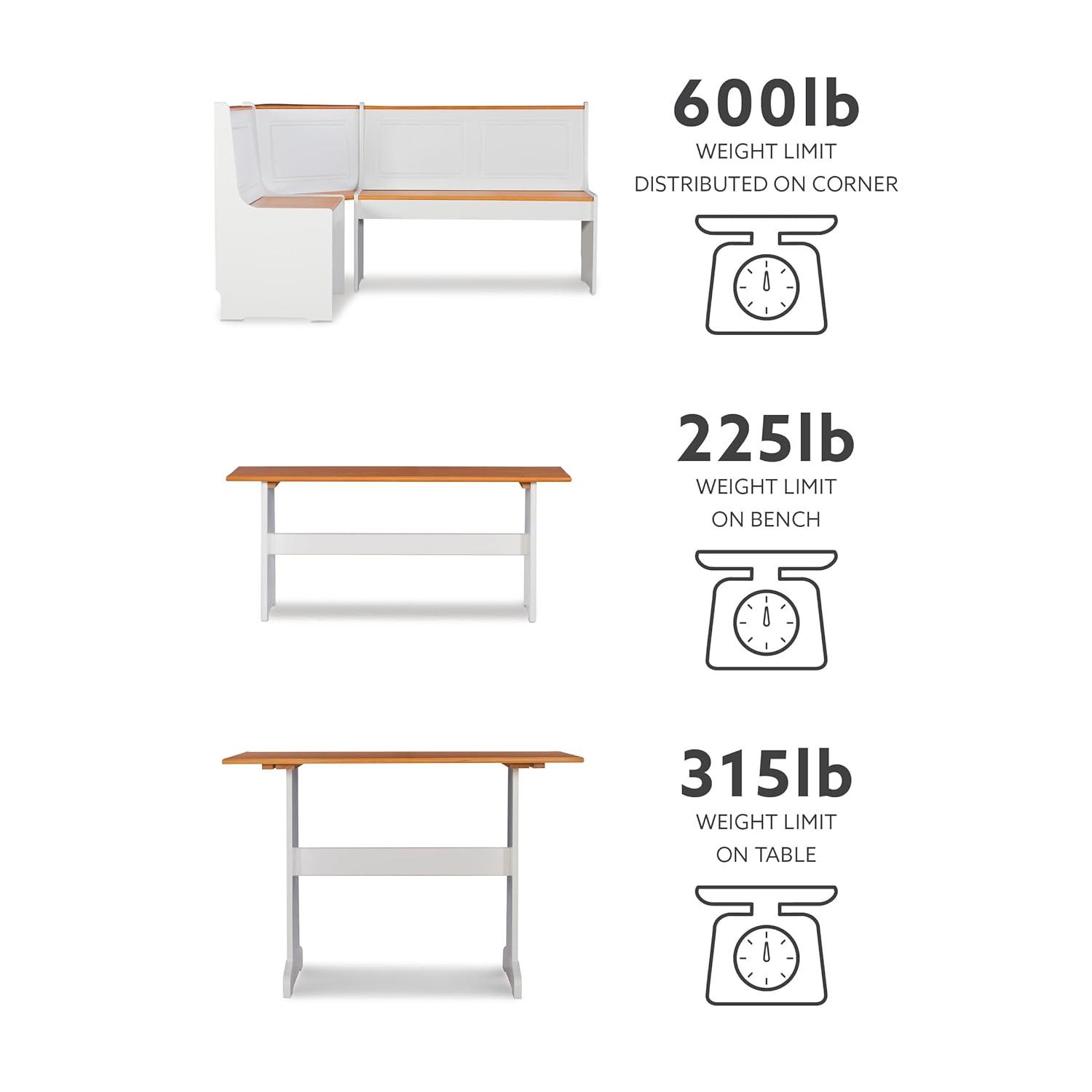 5pc Ardmore Breakfast Storage Corner Nook Dining Set Wood/White/Natural - Linon: Chic Farmhouse Style, Seats 6
