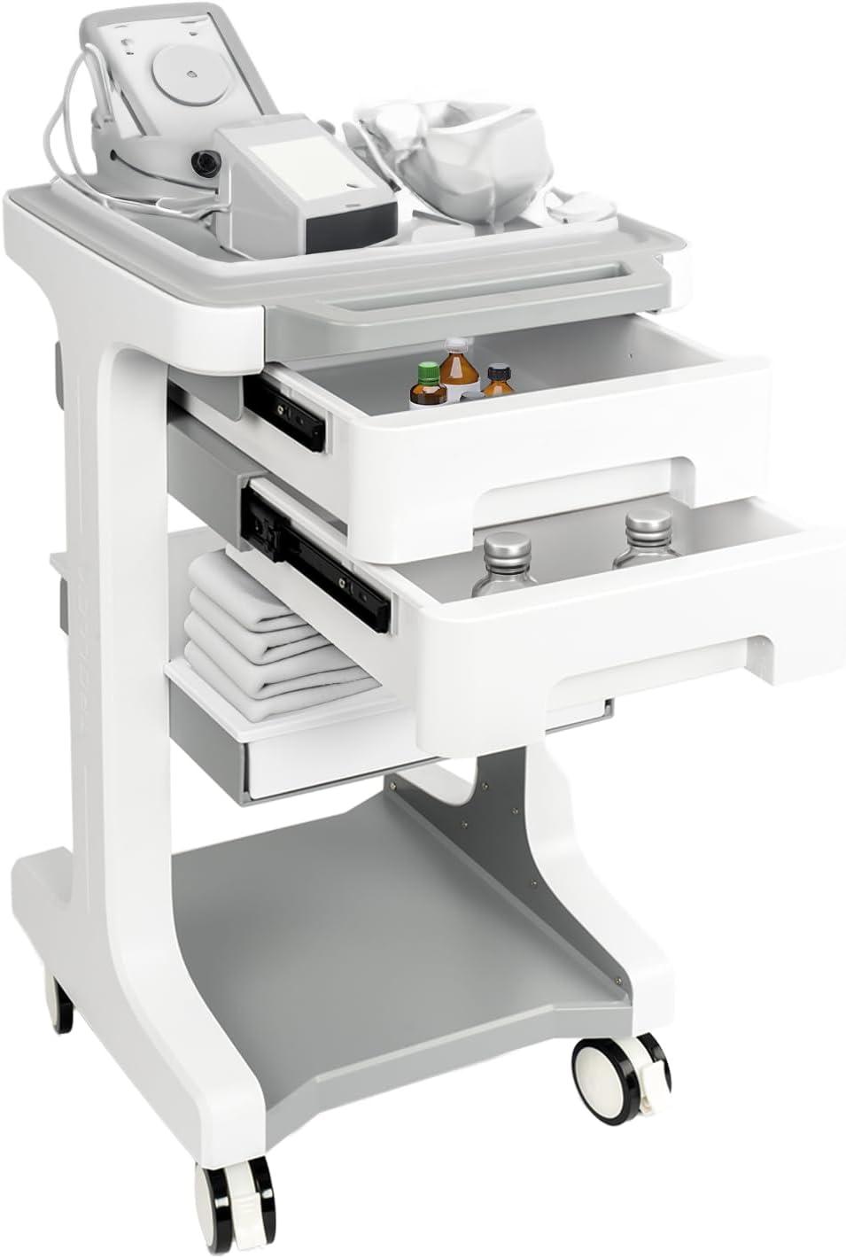 Professional-Grade 3-Tier 2-Drawer Utility Cart on Wheels - Trolley Cart 3-Tier 2 Drawers & Utility Desk - Mobile Storage Cart, Cavitation Machine, Salon Supplies - Max 50kg/110lb Load