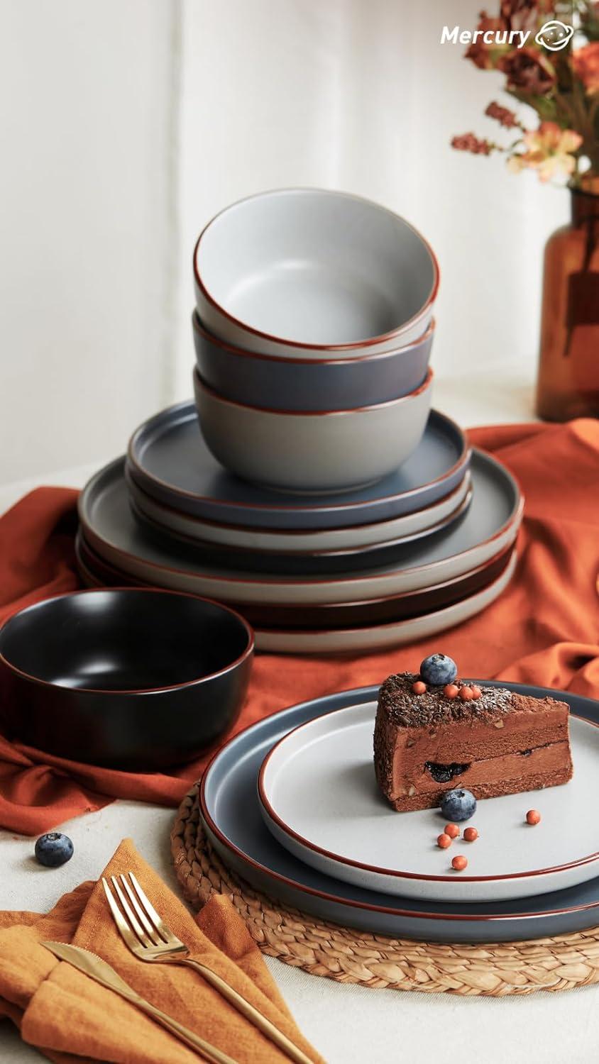 Multicolor Ceramic 12-Piece Dinnerware Set with Handcrafted Edges