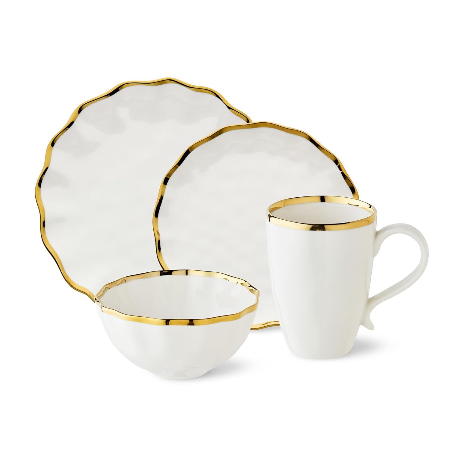Certified International Regency Gold 16-Piece Porcelain Dinnerware Set for 4 – Luxury Gold-Rimmed Plates, Bowls & Mugs – Elegant, Dishwasher-Safe Tableware for Formal Dining, Entertaining & Special Occasions