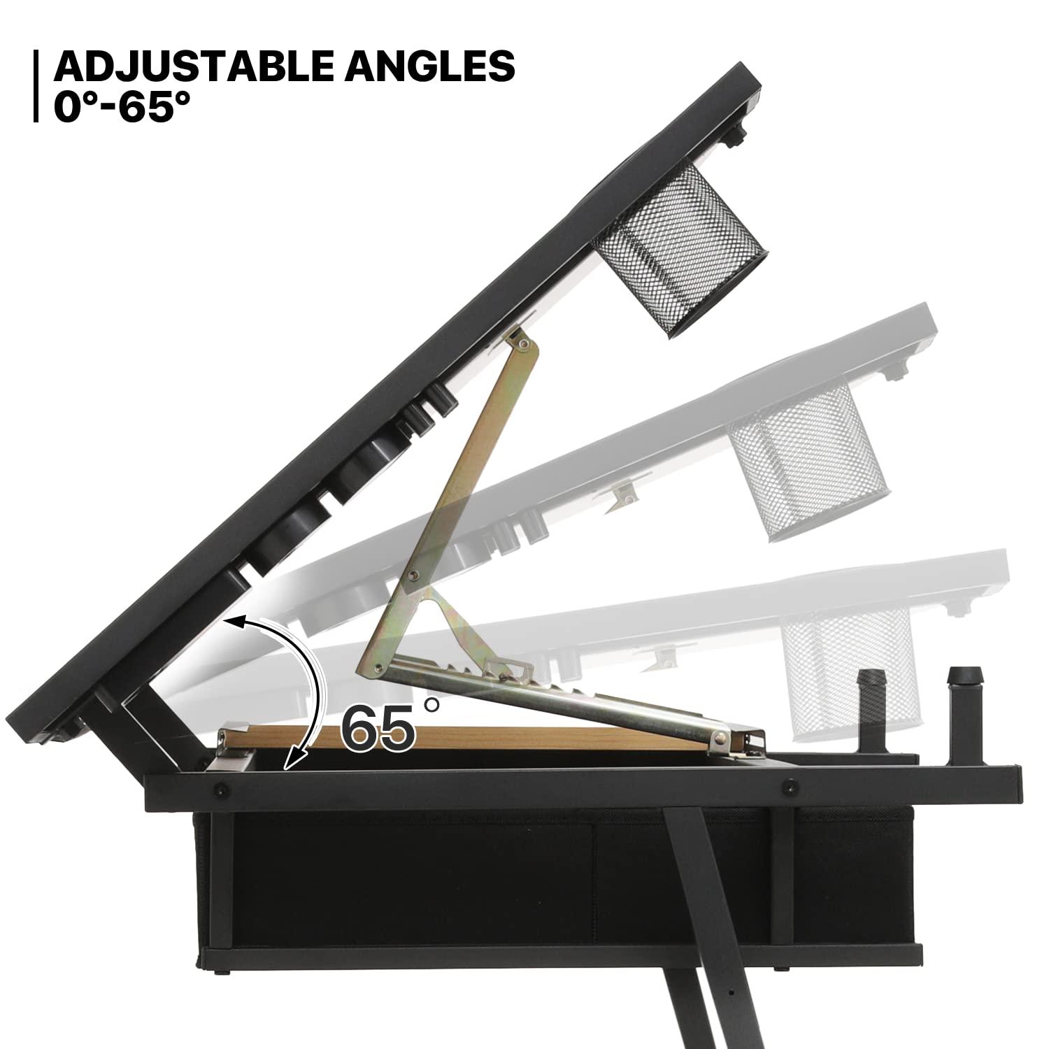 MoNiBloom Draft Desk Drawing Table with Stool Set, Height Adjustable Desk Tiltable & Slide-Out Tabletop with Side Trays & Drawer for Reading Writing Art Craft Work Station, Natural