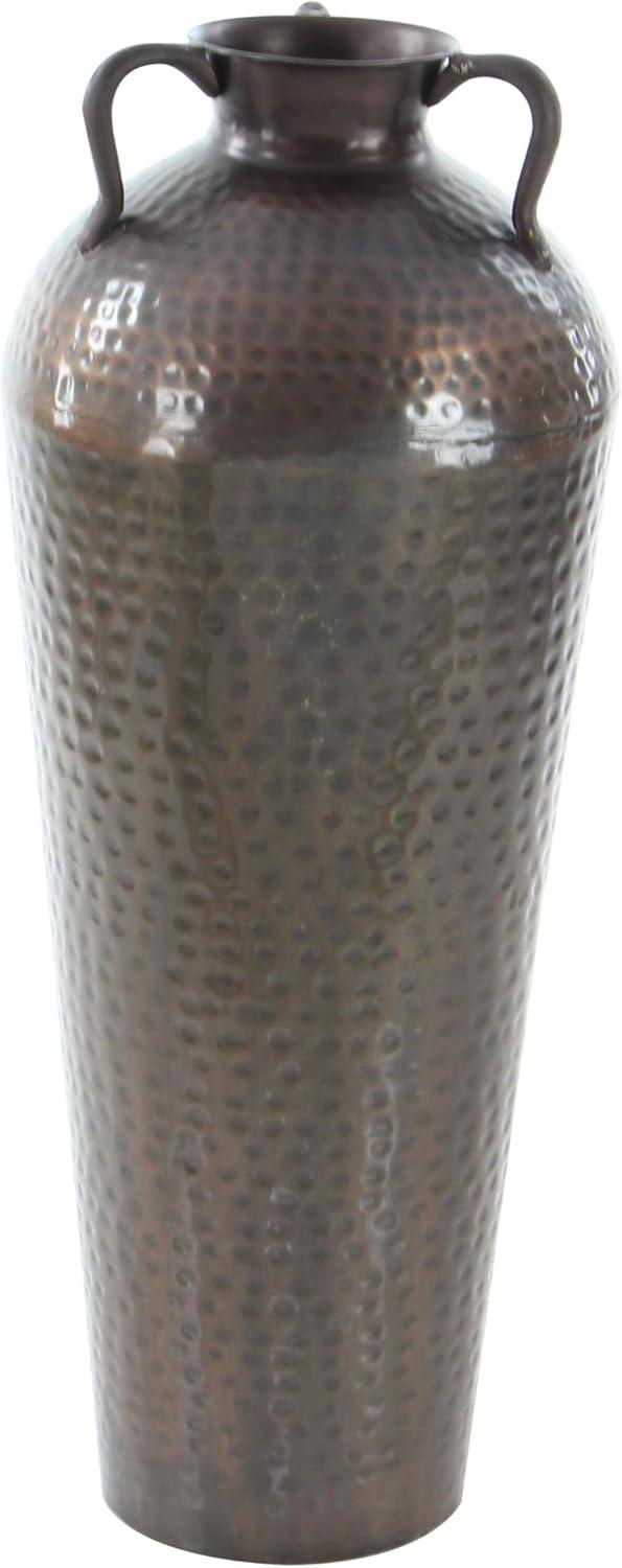 DecMode 32" Tall Floor Mediterranean Style Brown Metal Vase with Hammered Details and Handles