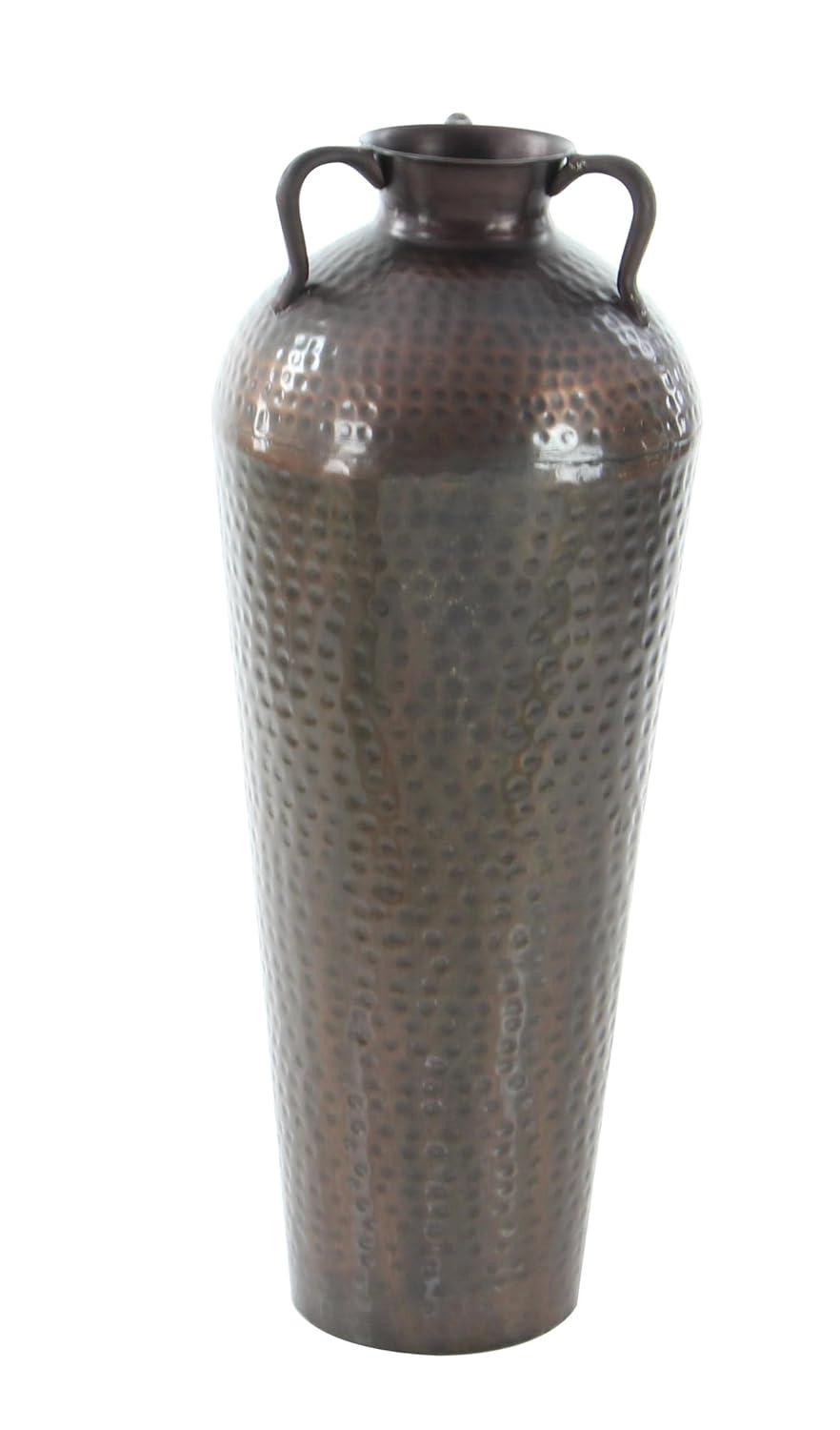 DecMode 28" Tall Floor Mediterranean Style Brown Metal Vase with Hammered Details and Handles