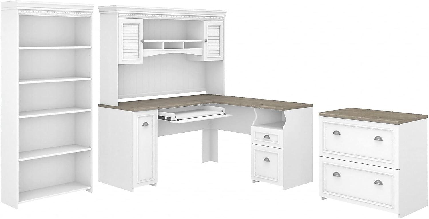 Fairview L Desk 4 Pc Set with Storage in White and Gray - Engineered Wood