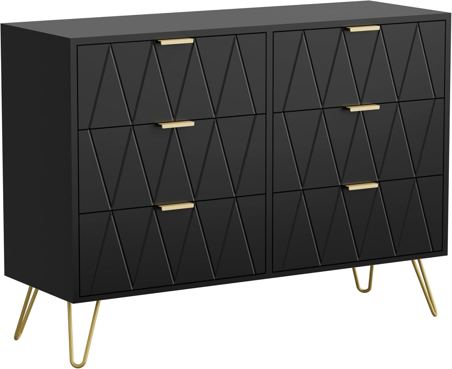 UEV Black 6 Drawer Dresser, Modern Dresser Chest with Wide Drawers and Metal Handles, Wood Storage Chest of Drawers for Bedroom,Hallway,Entryway