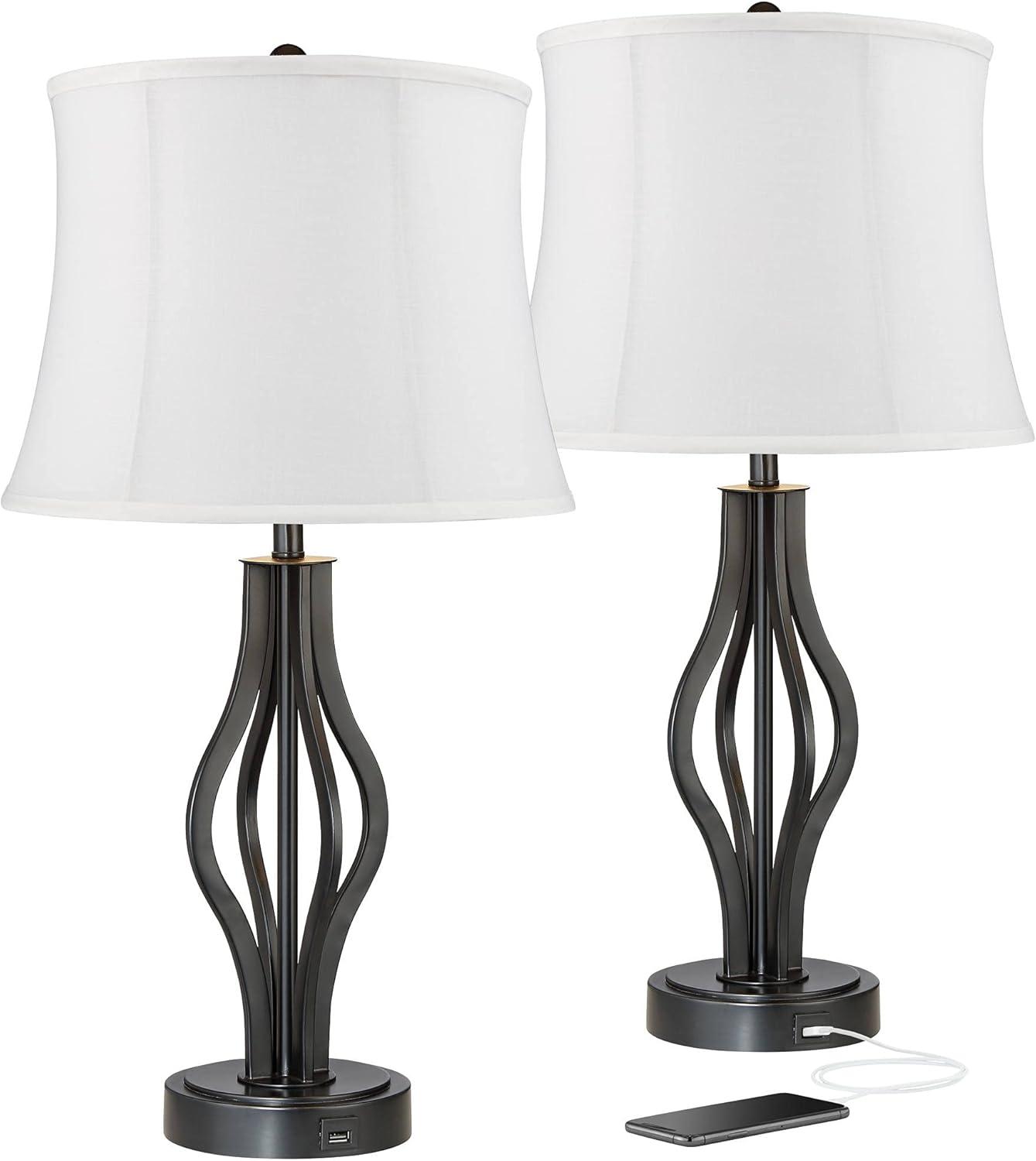 Heather Dark Iron Table Lamps with White Softback Shades and USB Ports