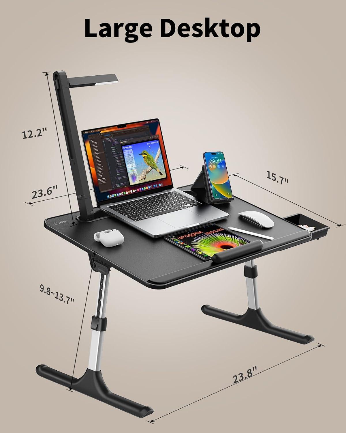 Laptop Table with LED Desk Light, SAIJI Laptop Stand for Bed, Height Adjustments Bed Desk with Book Stand for Reading Writing Drawing (Black)