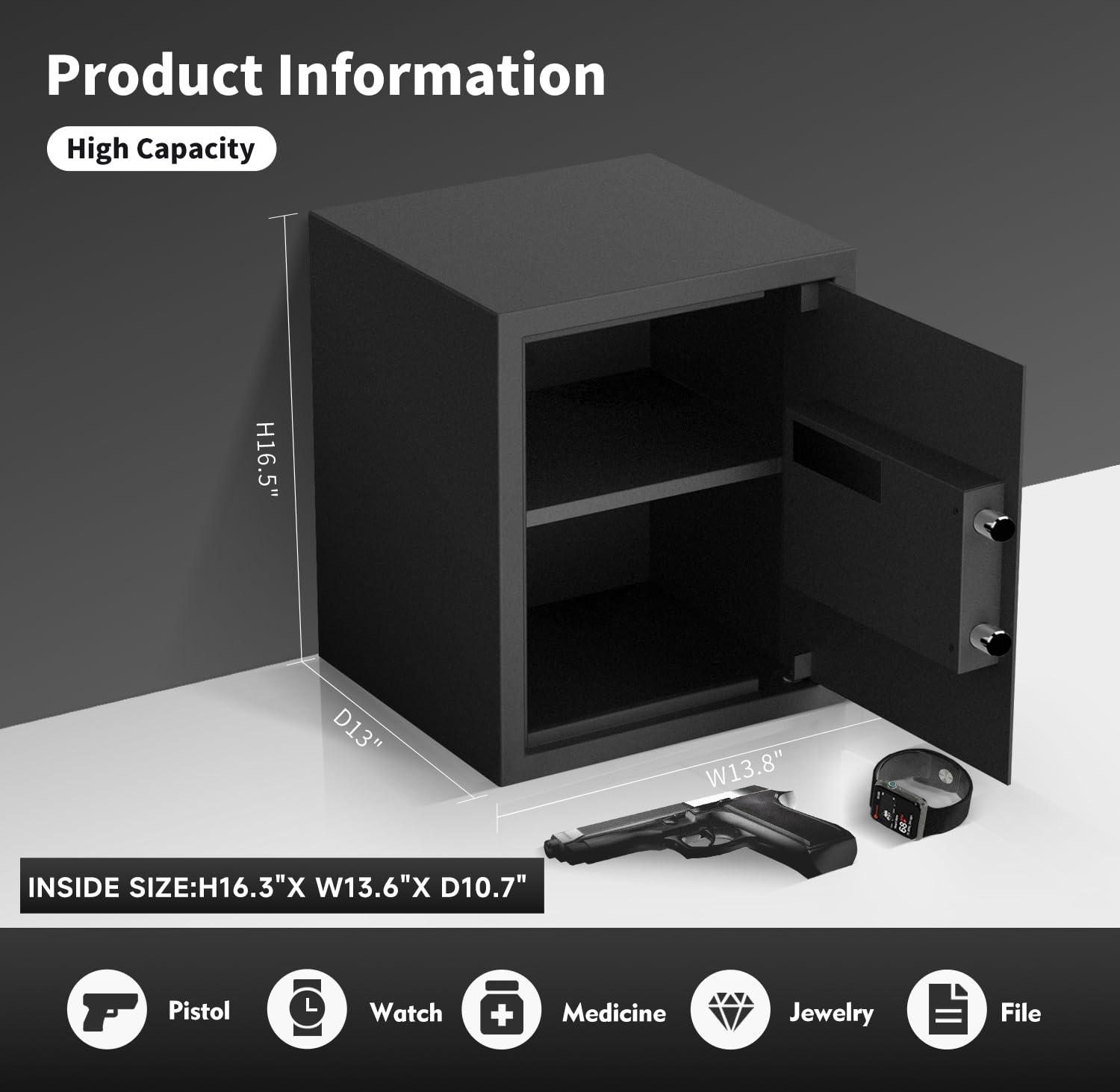 AEGIS Smart Biometric Safe Box, 1.7 cu.ft Quick Access Unlock with Fingerprint/Keypad/Key/USB Port for Multiple Pistols, Security Steel Personal Lock Box for Home/Office/Hotel/Dorm