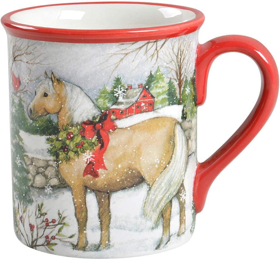 Red Ceramic Christmas Farm Horse Mug Set, 18 oz, 4-Pack