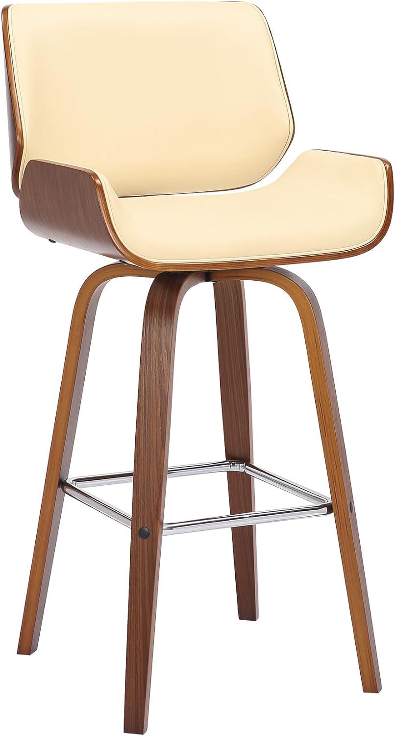 Cream Faux Leather and Walnut Wood Swivel Bar Stool, 26" Seat Height