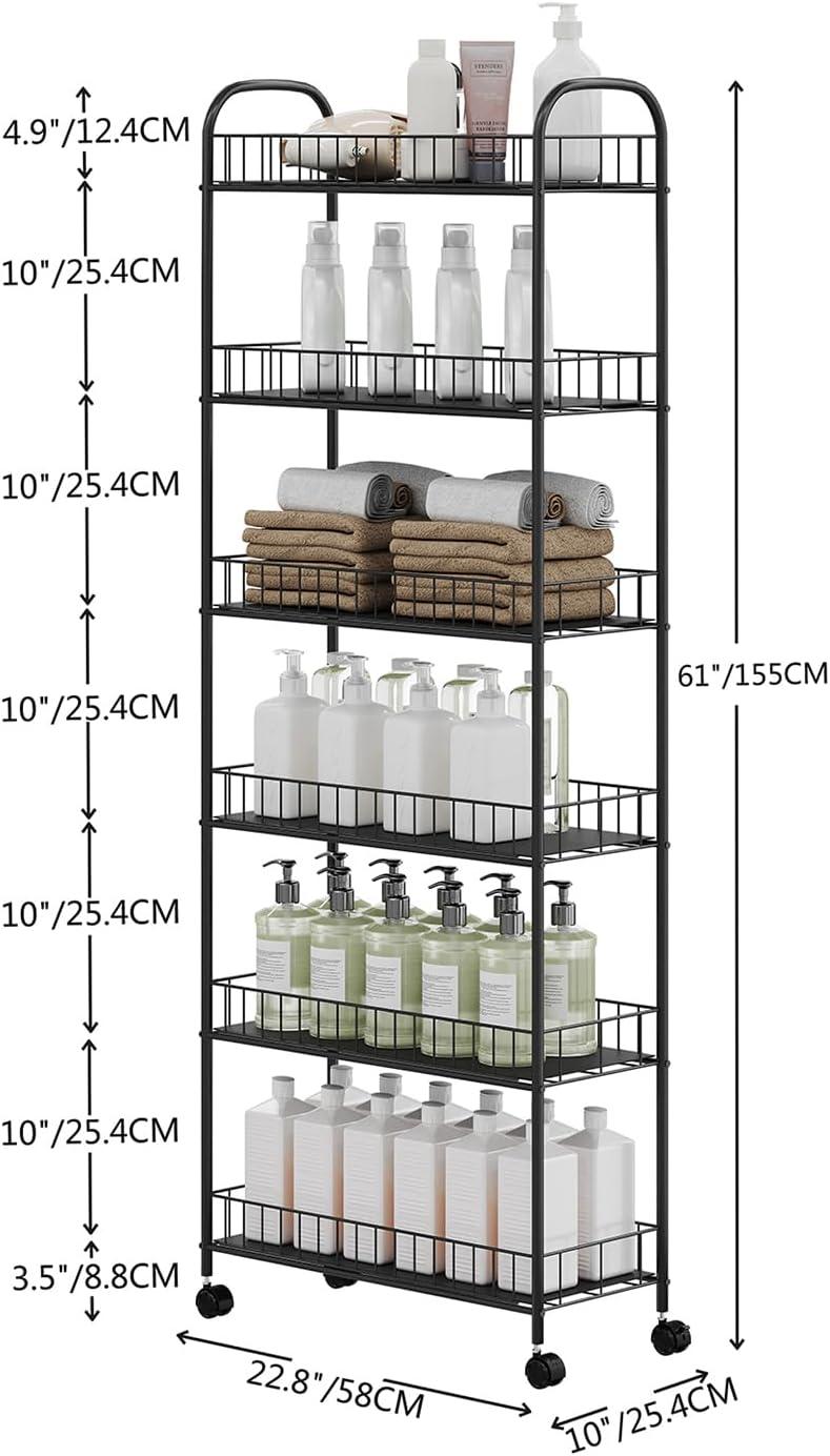 GVN Mobile Shelving Unit Organizer Utility Cart,6 Tier Storage Cart,Metal Kitchen Rolling Cart with Lockable Wheels & Baskets,6" Slim Storage Shelf