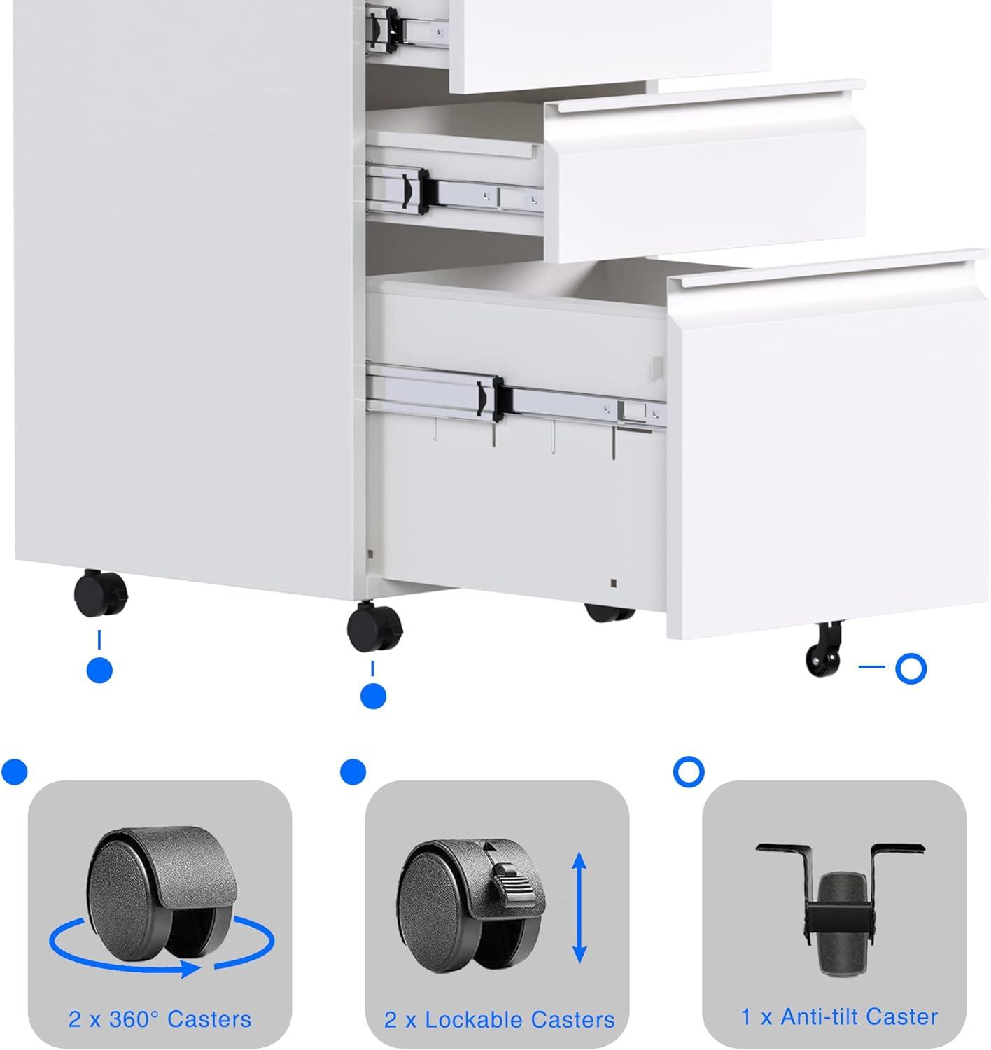 U-SHARE Mobile File Cabinet, 3 Drawer Locking Filing Cabinet, Under Desk Office Metal Storage Cabinet on Wheels for Legal/Letter/A4 File (Fully Assembled Cabinet,White)