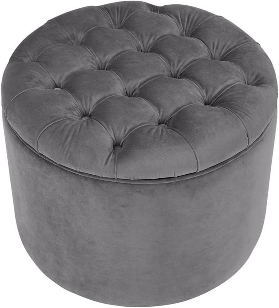 Queen Round Tufted Seat Grey Velvet Storage Ottoman by TOV Furniture