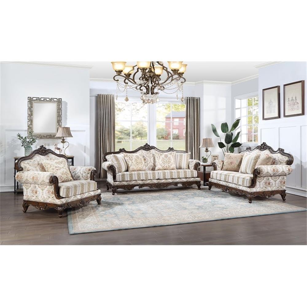 Nayla Walnut Floral Fabric Rolled Arm Sofa with Pillows