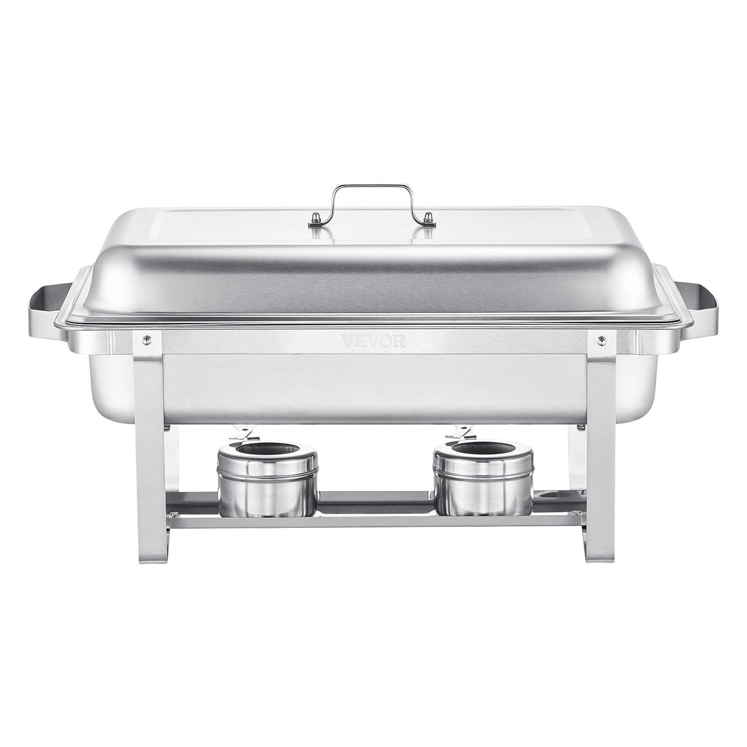 VEVOR Chafing Dish Buffet Set, 8 Qt 2 Pack, Stainless Chafer with 2 Full & 4 Half Size Pans, Rectangle Catering Warmer Server with Lid Water Pan Folding Stand Fuel Tray Holder Clip