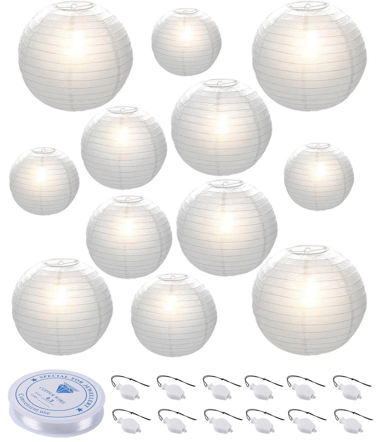 HAUSPROFI Paper Lanterns, 6" 8" 10" 12" Round Paper Lantern with LED Lantern Lights for Indoor and Outdoor Decoration - (Lanterns: 12pcs, Warm White Lights: 12pcs)