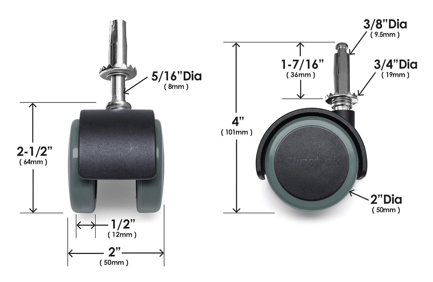 Slipstick 2-Inch Black and Gray Rubber Swivel Caster Wheels Set