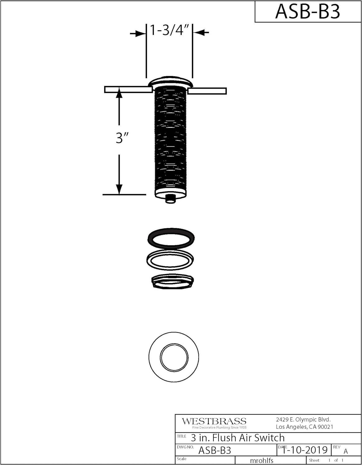 Westbrass Sink Top Waste Disposal Replacement Air Switch Trim Only, Flush Button