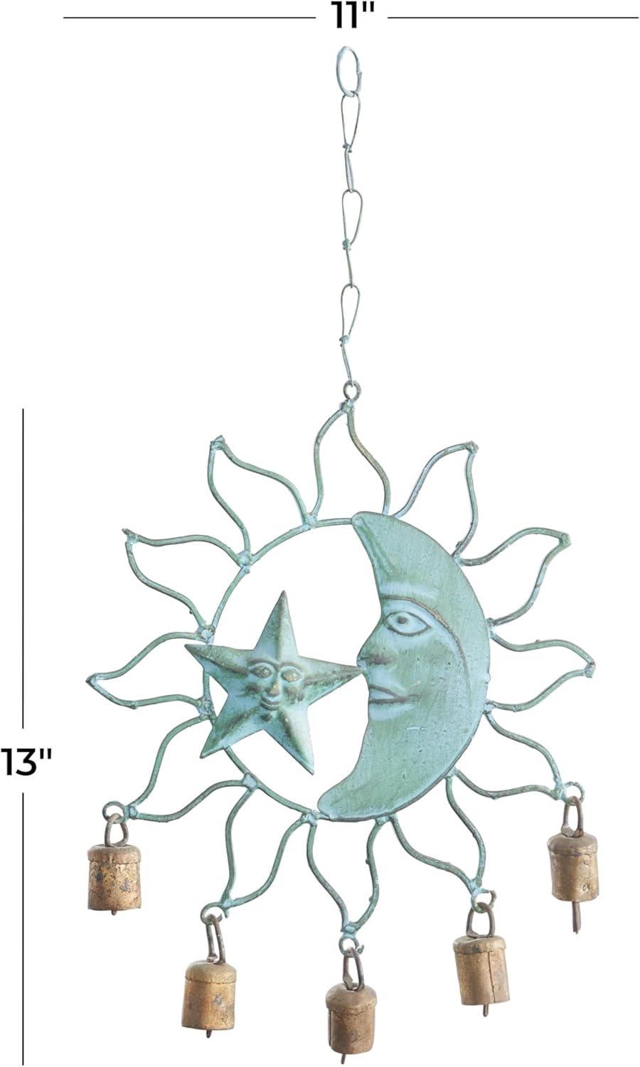 Teal Metal Sun and Moon Windchime with Brass Bells