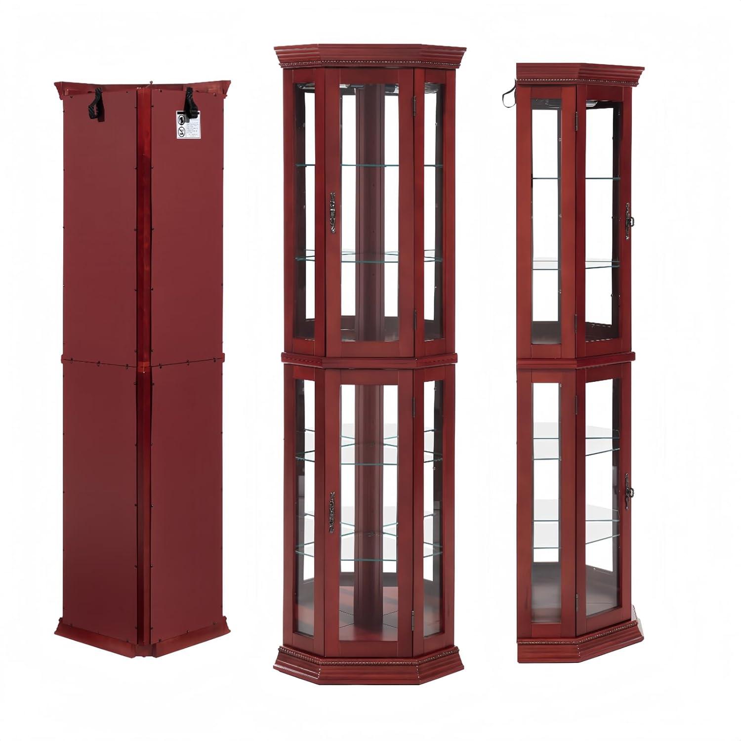 Lighted 3-Side Glass Display Curio Cabinet with Tempered Glass Doors and Shelves, Curved Wood Corner Cabinet with Bulb, Cherry