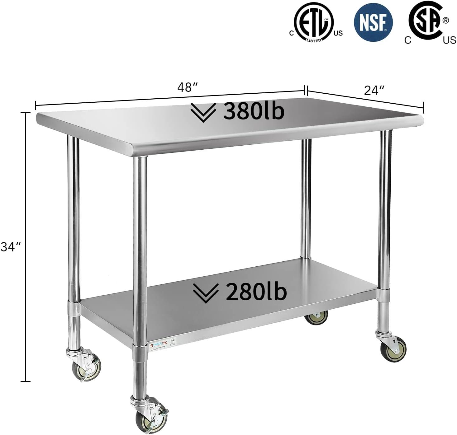 48'' Stainless Steel Kitchen Prep Table with Casters and Undershelf