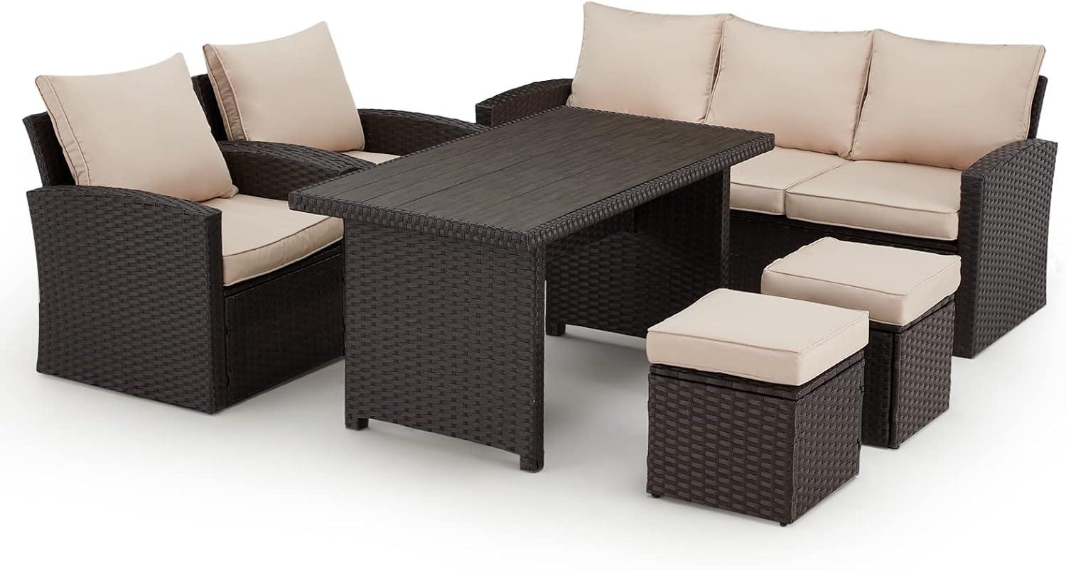 Beige 7-Person Wicker Rattan Patio Furniture Set with Cushions