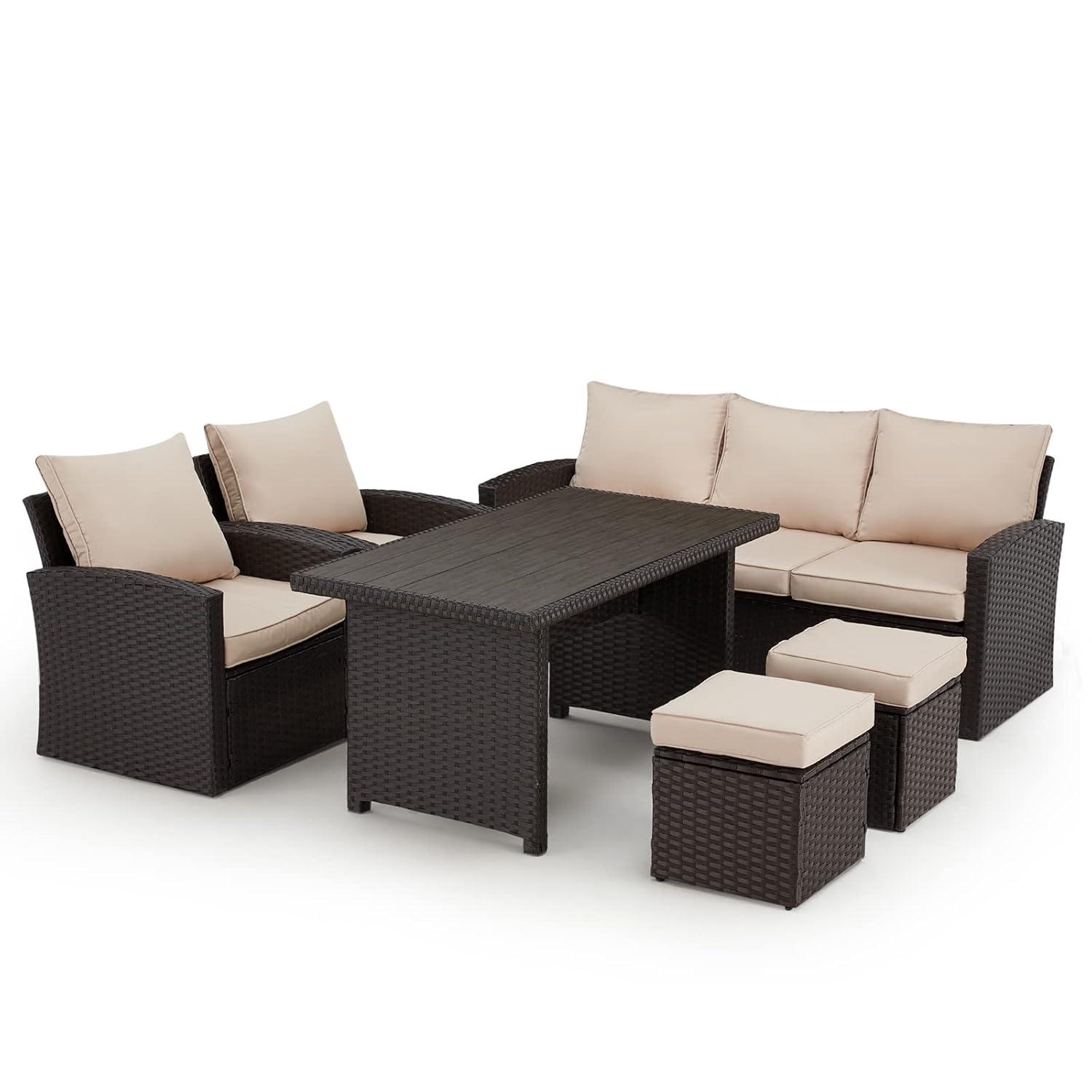 Vicluke 6 Pieces Patio Furniture Sets Clearance, Conversation Set All Weather Wicker Rattan Couch Beige