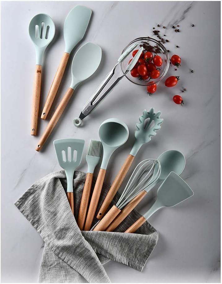 12 Pcs Silicone Cooking Utensils Kitchen Utensil Set - 446°F Heat Resistant,Turner Tongs, Spatula, Spoon, Brush, Whisk, Wooden Handle Green Kitchen Gadgets with Holder for Nonstick Cookware