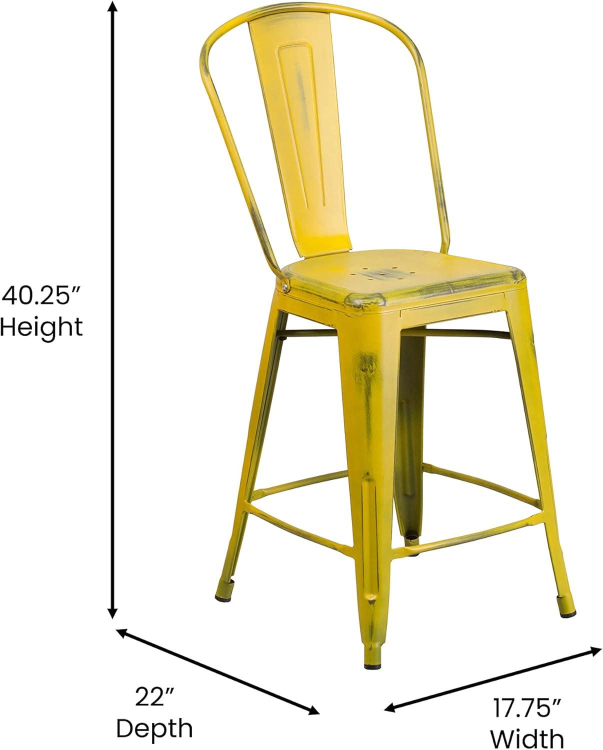 Flash Furniture Commercial Grade 24" High Distressed Yellow Metal Indoor-Outdoor Counter Height Stool with Back