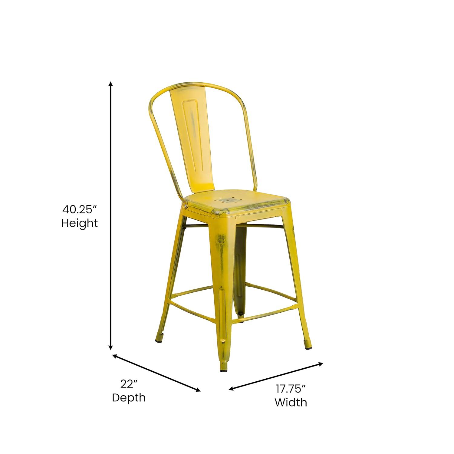 Flash Furniture Commercial Grade 24" High Distressed Yellow Metal Indoor-Outdoor Counter Height Stool with Back