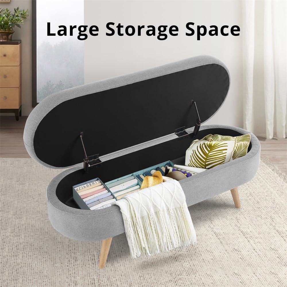 Sumdeal 43.5" Storage Ottoman Bench with 250lb Seating, Linen Upholstered Wood Legs Safety Hinge Flip Top Oval Foot Rest Long Stool for Sofa Couch Bedroom End of Bed Living Room Entryway, Grey