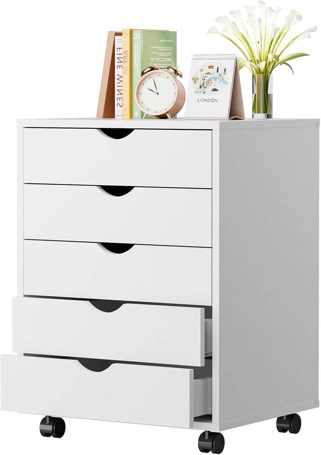 5 Drawer Dresser, Chest Dressers with Wheels, Wood Storage Cabinet for Bedroom, Home, Office Organization, White
