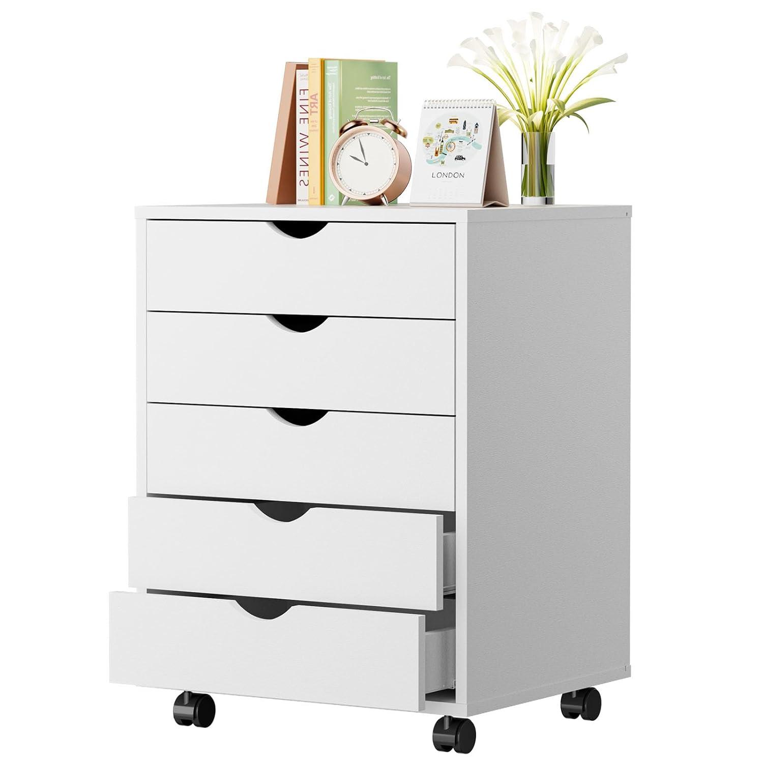 5 Drawer Dresser, Chest Dressers with Wheels, Wood Storage Cabinet for Bedroom, Home, Office Organization, White