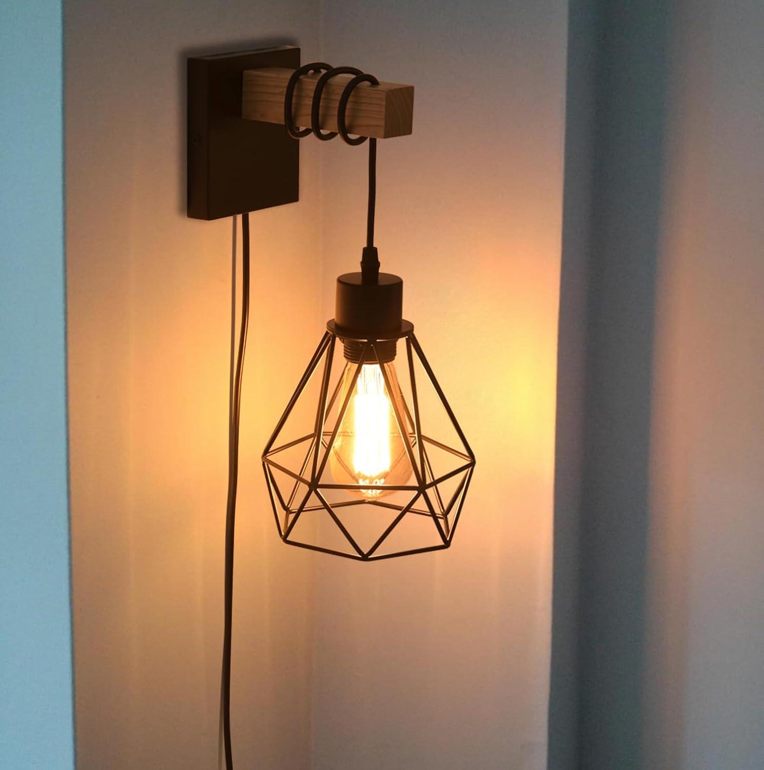 Black and Wood Plug-In Wall Sconce Set with Cage Shade