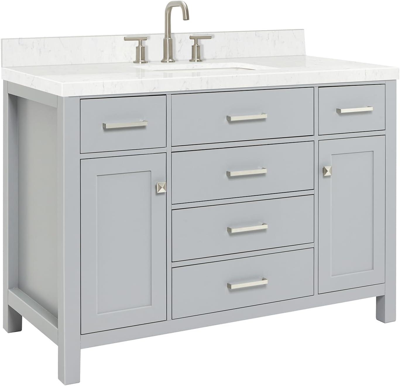 Gray Freestanding Single Sink Vanity with Carrara Quartz Top