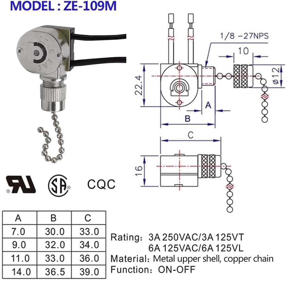 Ceiling Fan Light Switch ZE-109m Metal Pull Chain Switch,Two Wire Fan Switch For Ceiling Fan Light Fixture Replacement Parts-Nickel