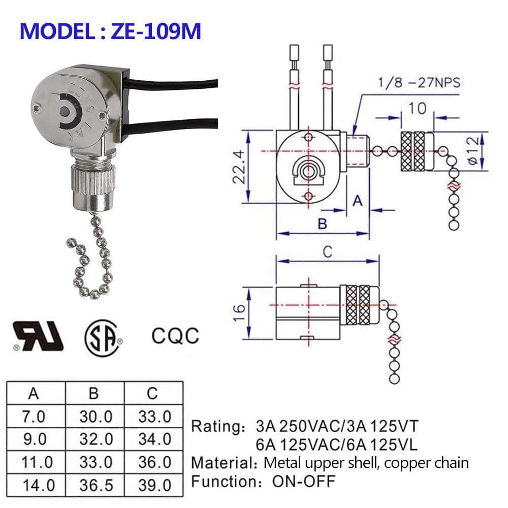 Ceiling Fan Light Switch ZE-109m Metal Pull Chain Switch,Two Wire Fan Switch For Ceiling Fan Light Fixture Replacement Parts-Nickel