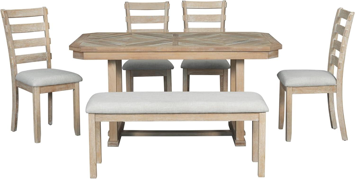 Dining Table Set for 6, 6 Piece Wood Kitchen Table Set, Dining Table and Chairs Set, Home Furniture Table Set with Chairs & Bench, Natural Wood Wash