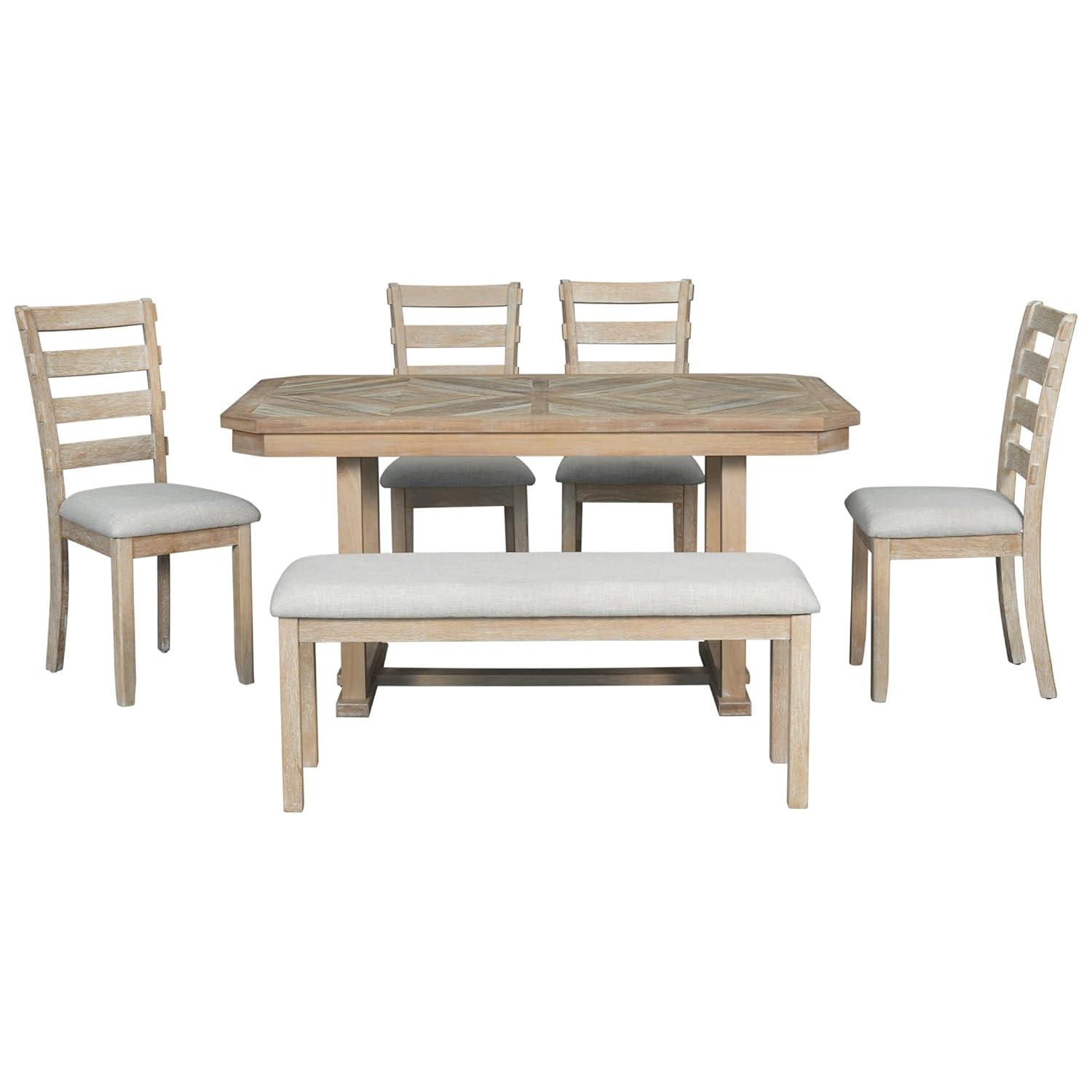 Dining Table Set for 6, 6 Piece Wood Kitchen Table Set, Dining Table and Chairs Set, Home Furniture Table Set with Chairs & Bench, Natural Wood Wash