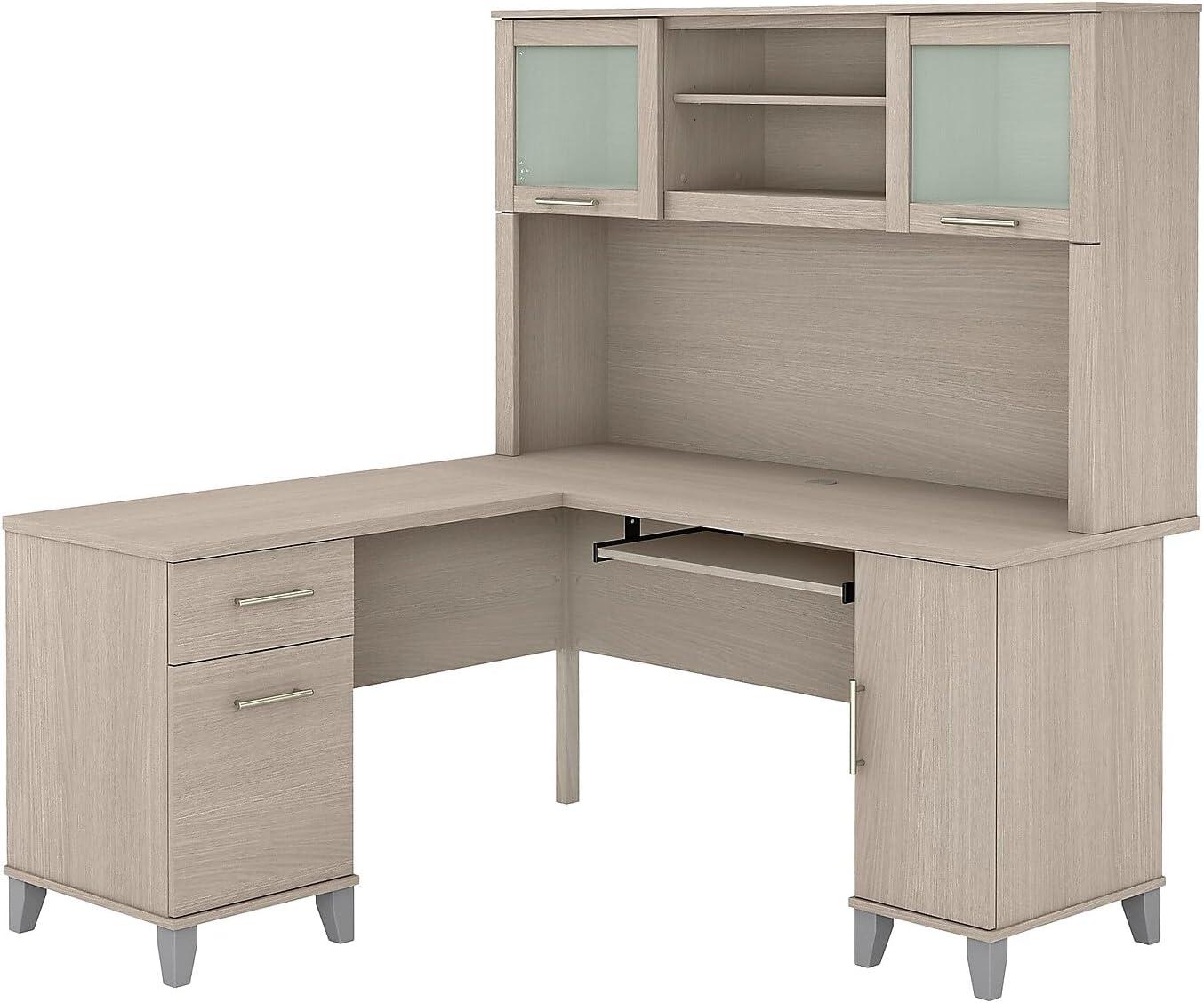 Bush Furniture Somerset 60" L Desk and Hutch with Storage, Sand Oak
