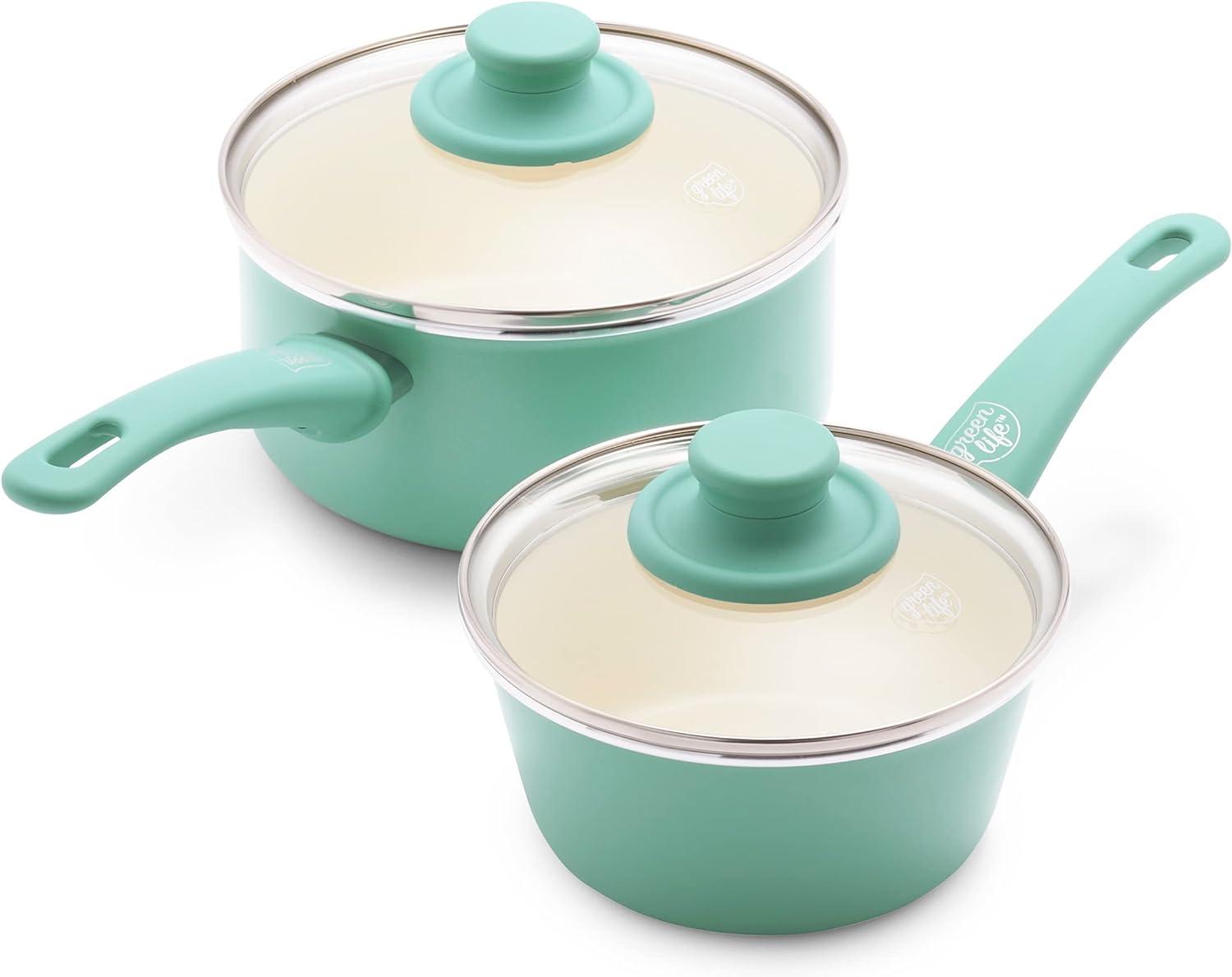 GreenLife Soft Grip Nonstick Saucepan Set, 1 Qt & 2 Qt, Turquoise