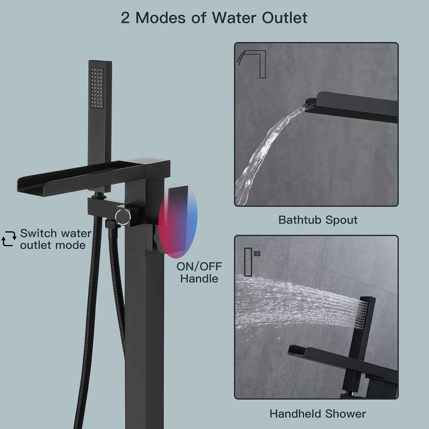 Freestanding Bathtub Faucet Matte Black Waterfall Bathtub Faucet Floor Mount Tub Filler Single Handle Bathtub Shower Faucets with Hand Shower Swivel Spout Brass Mixer Tap by BWE