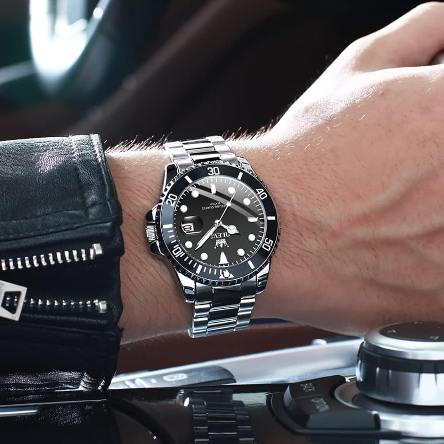 OLEVS Men Watch,Big Dial Watches for Men Stainless Steel Watch with Day Waterproof Analog Quartz Watches for Man Classic Business Wristwatch Luxury Luminous Round for Men Rotatable Bezel Watch