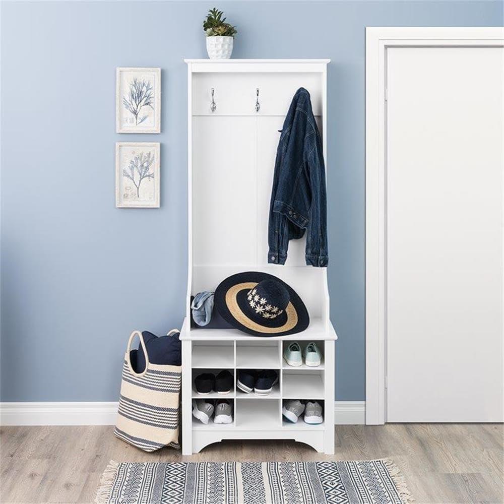 27" Narrow Hall Tree with 9 Shoe Cubbies White - Prepac: Modern Entryway Organizer, Mudroom Storage, Metal Hooks