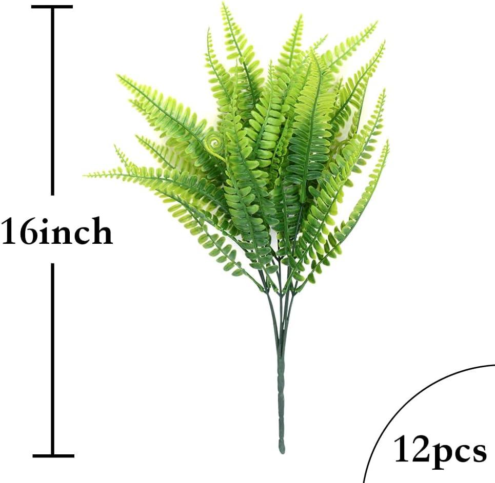 12pcs Artificial Flowers for Outdoor Fake Ferns Artificial Boston Fern Plant Artificial Ferns for Outdoor UV Resistant Plastic Plants (Green)